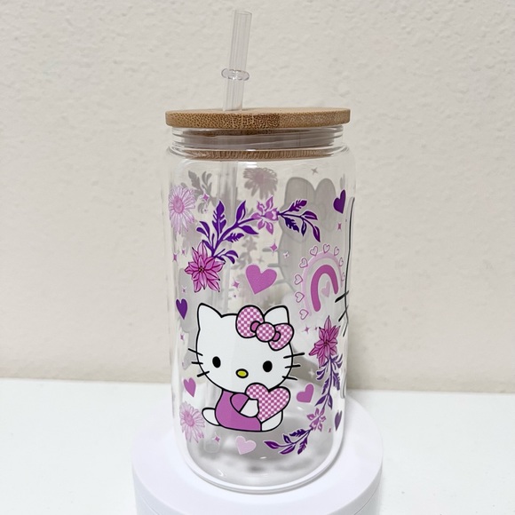 Hello Kitty Hearts and Flowers Handmade Libbey Glass Cup - Picture 4 of 5
